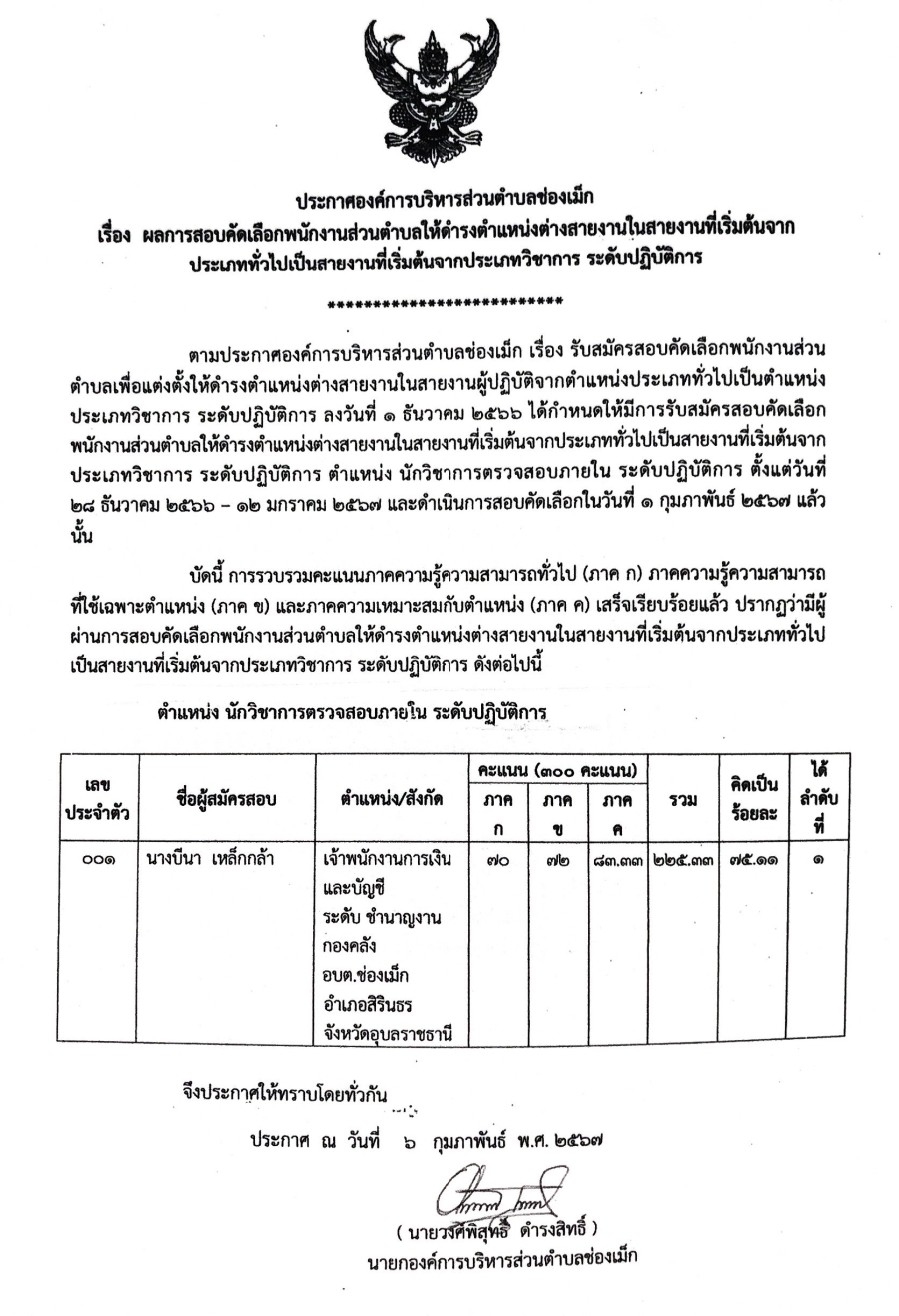 06 กุมภาพันธ์ 2567 องค์การบริหารส่วนตำบลช่องเม็ก ประชาสัมพันธ์ เรื่องผลการสอบคัดเลือกพนักงานส่วนตำบลให้ดำรงตำแหน่งต่างสายงานในสายงานที่เริ่มต้นจากประเภททั่วไปเป็นสายงานที่เริ่มต้นจากประเภทวิชาการ ระดับปฏิบัติการ