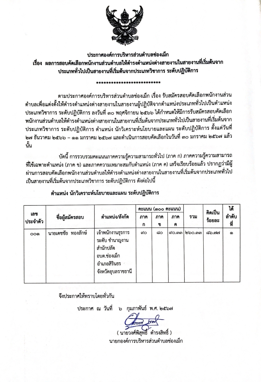 06 กุมภาพันธ์ 2567 องค์การบริหารส่วนตำบลช่องเม็ก ประชาสัมพันธ์ เรื่องผลการสอบคัดเลือกพนักงานส่วนตำบลให้ดำรงตำแหน่งต่างสายงานในสายงานที่เริ่มต้นจากประเภททั่วไปเป็นสายงานที่เริ่มต้นจากประเภทวิชาการ ระดับปฏิบัติการ